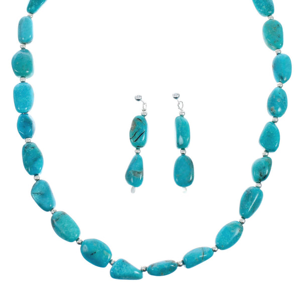 Genuine Sterling Silver Turquoise Bead Necklace Earring Set TX10002